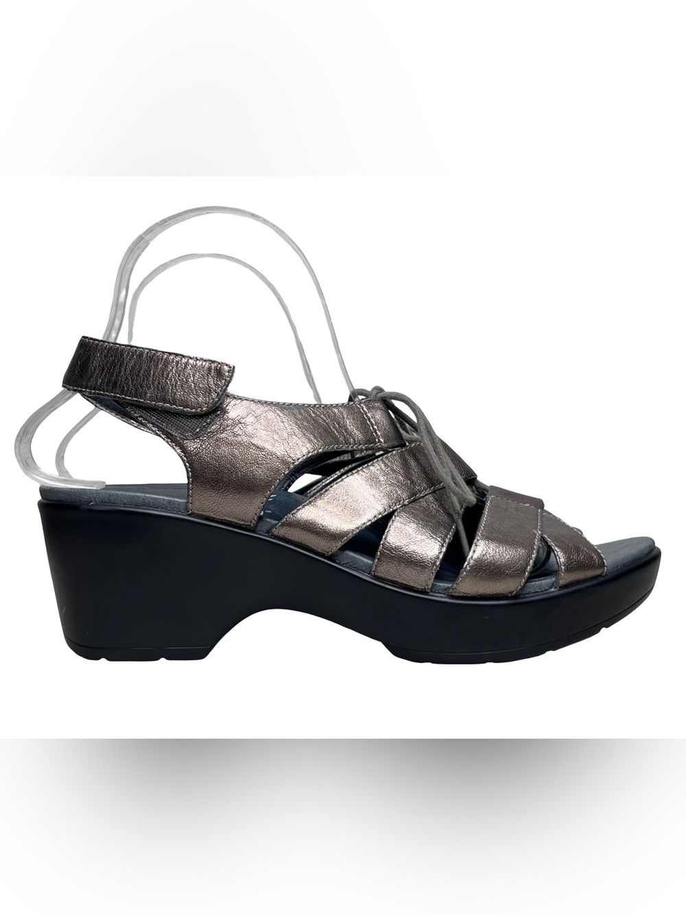 Dansko Janet Walking Pewter Metallic Leather Strappy Wedge Sandals Sz 39